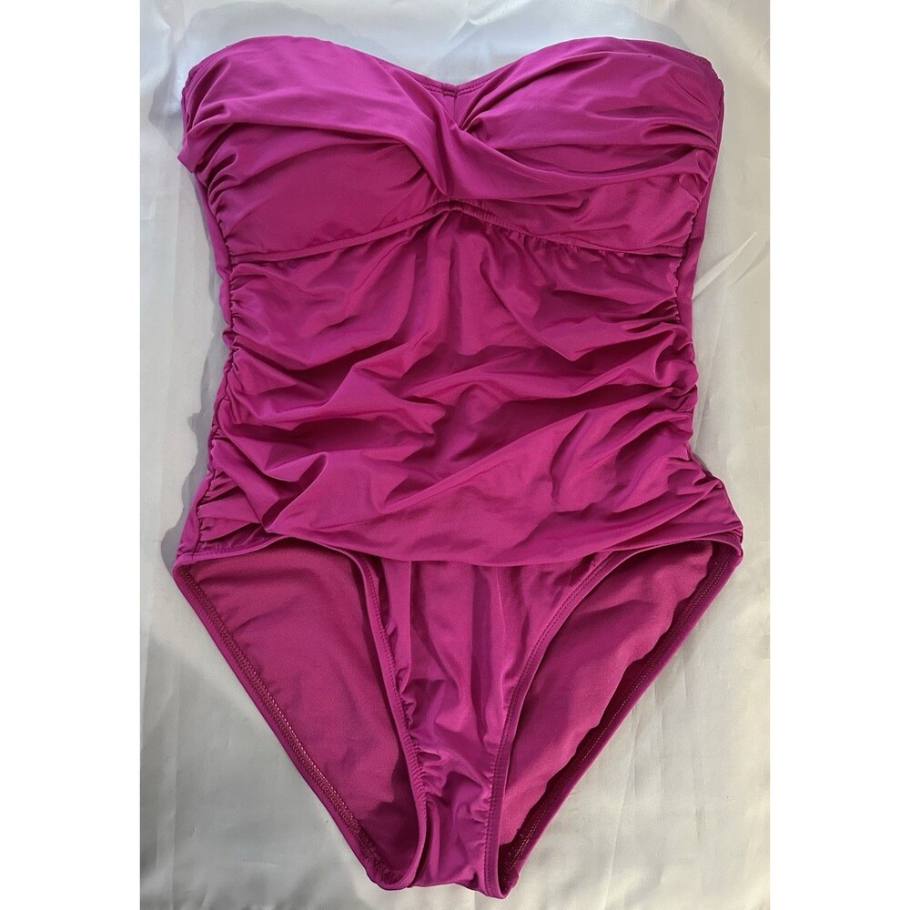2 Bamboo Swimsuit 1PC Pink Ruched Bandeau Halter Strap Padded Bra Size 10 NWT